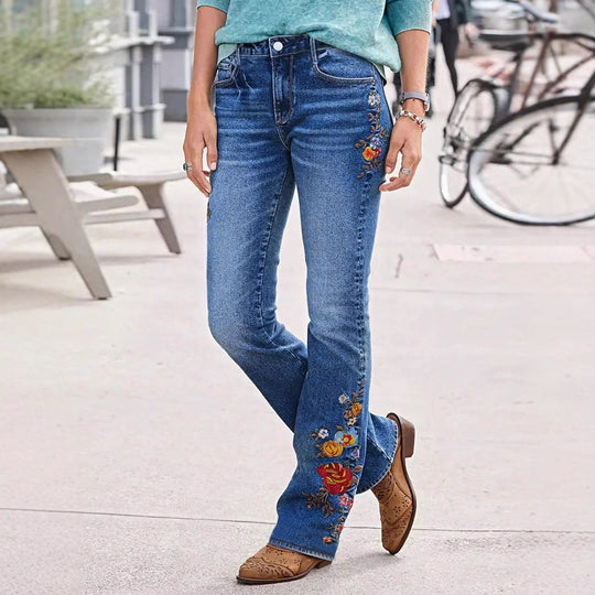 Damen Bootcut-Jeans mit seitlicher Blumenstickerei und komfortablem Stretchbund Nord Taschen