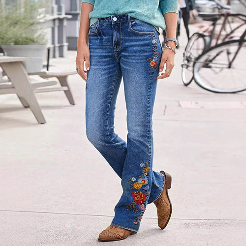 Damen Bootcut-Jeans mit seitlicher Blumenstickerei und komfortablem Stretchbund Nord Taschen