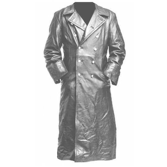 Herren Langer glänzender Kunstleder-Trenchcoat mit Doppelreiher und markantem Revers Nord Taschen