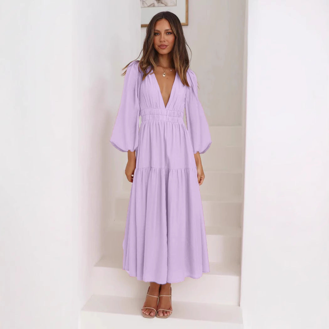 Damen Langarm Maxikleid mit tiefem V-Ausschnitt und weitem Rock