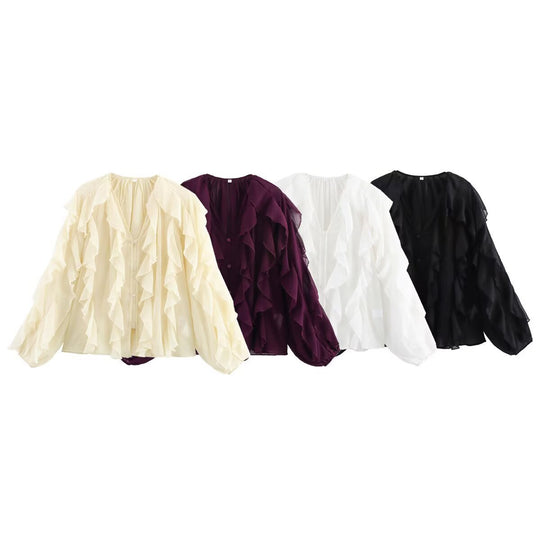 Damen Volant‑Chiffonbluse mit Lagen‑Rüschen und weiten Ballonärmeln Nord Taschen