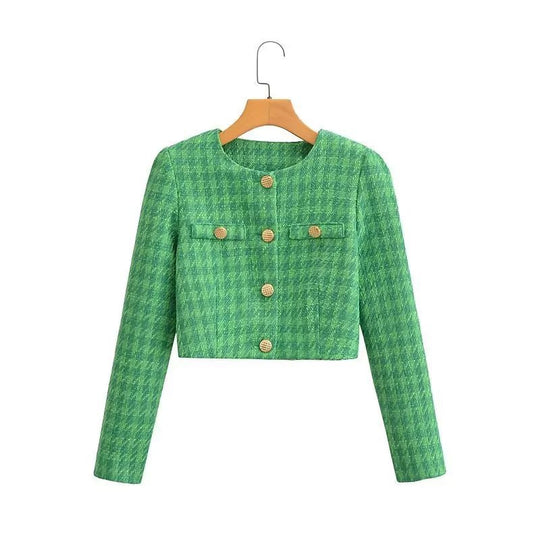 Damen Kurzblazer aus Bouclé-Tweed mit kastiger Cropped‑Silhouette und kragenlosem Design Nord Taschen