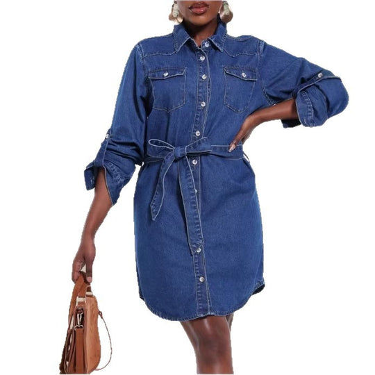 Damen Denim-Hemdblusenkleid mit Taillengürtel und aufgesetzten Brusttaschen Nord Taschen