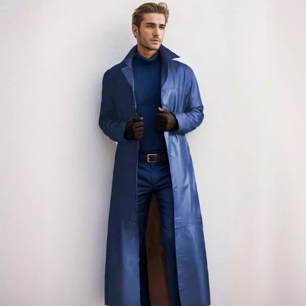 Herren Langer Ledermantel im Trench-Stil mit schmaler Silhouette und Stehkragen Nord Taschen