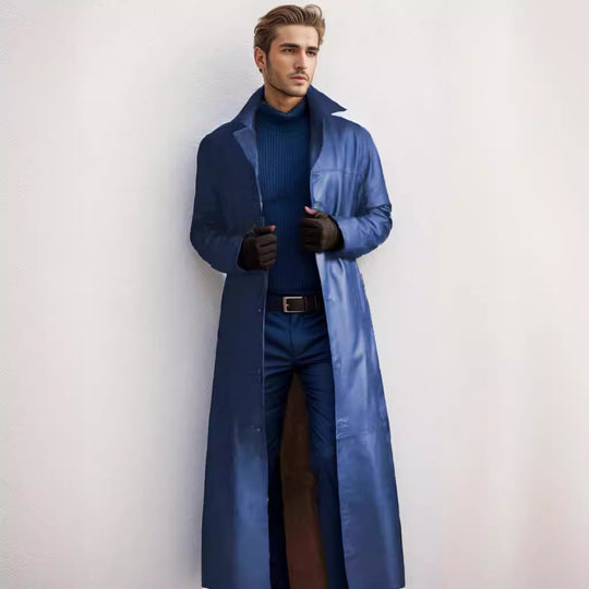Herren Langer Ledermantel im Trench-Stil mit schmaler Silhouette und Stehkragen Nord Taschen