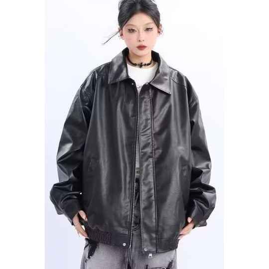 Damen Oversized Kunstleder-Blouson mit elastischem Saum und Hemdkragen Nord Taschen