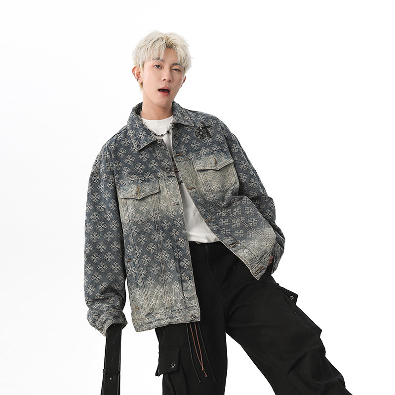 Herren Oversized Denim‑Hemdjacke mit grafischem Patchmuster und Brusttaschen Nord Taschen