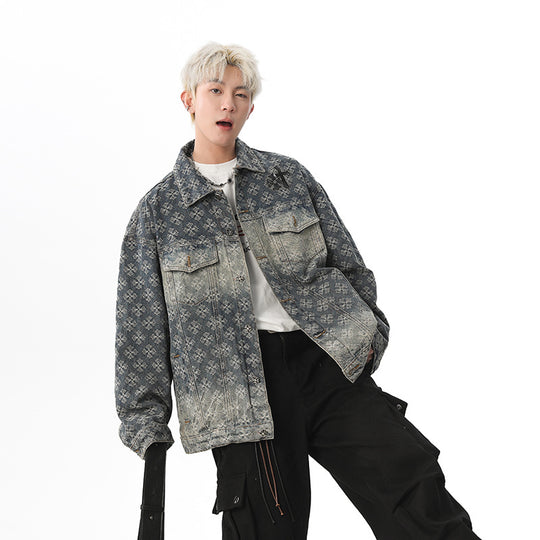 Herren Oversized Denim‑Hemdjacke mit grafischem Patchmuster und Brusttaschen Nord Taschen