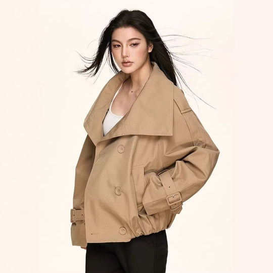 Damen Oversized Doppelreihige Trench-Bomberjacke mit hohem Stehkragen Nord Taschen