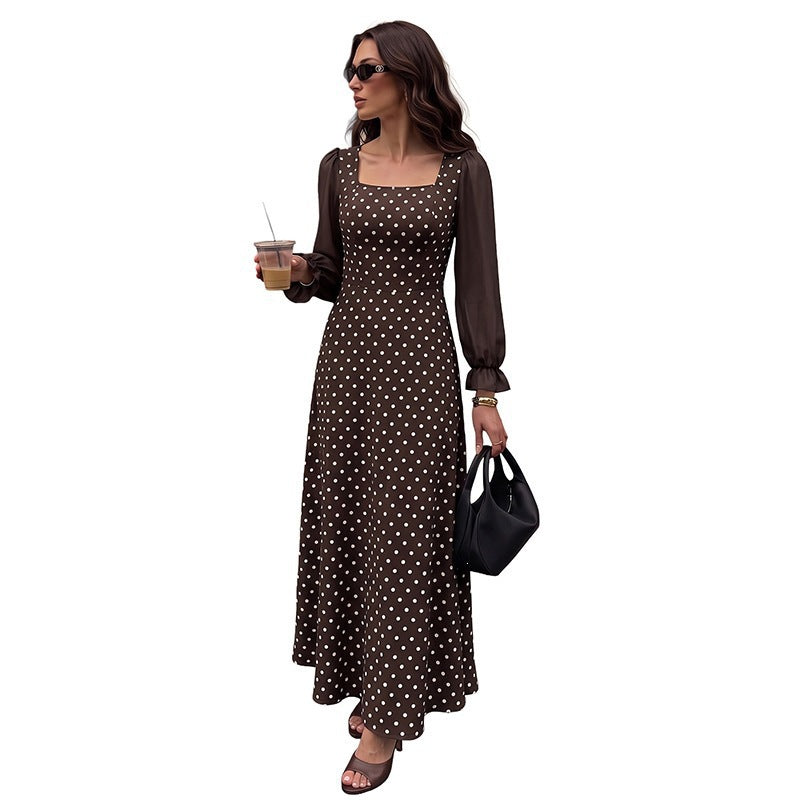 Damen Retro-inspiriertes Polka‑Dot‑Maxikleid mit quadratischem Dekolleté und transparenten Plissee‑Ärmeln Nord Taschen