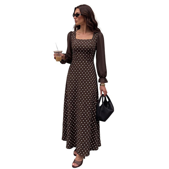 Damen Retro-inspiriertes Polka‑Dot‑Maxikleid mit quadratischem Dekolleté und transparenten Plissee‑Ärmeln Nord Taschen