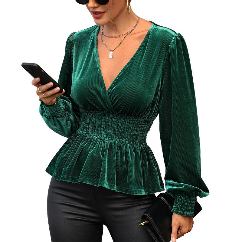 Damen Samtbluse mit V-Ausschnitt, geraffter Smock-Taille und Peplum Nord Taschen