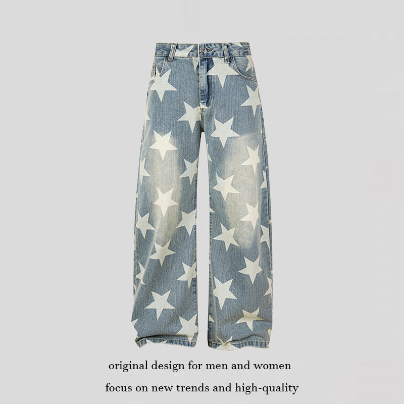 Damen Weite Hochbund-Culotte-Jeans mit hoher Taille und Allover-Sterneprint Nord Taschen