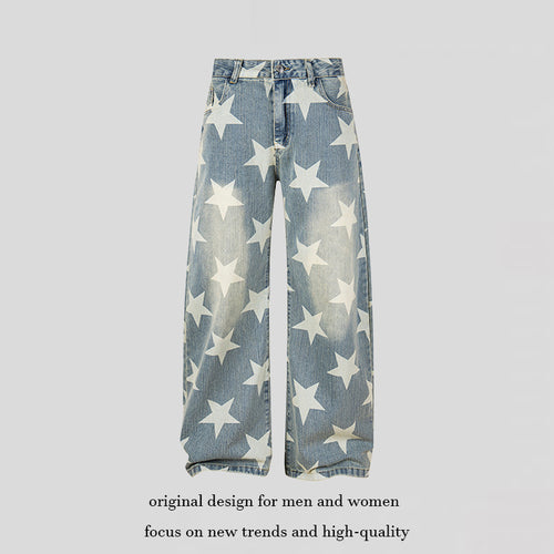 Damen Weite Hochbund-Culotte-Jeans mit hoher Taille und Allover-Sterneprint Nord Taschen