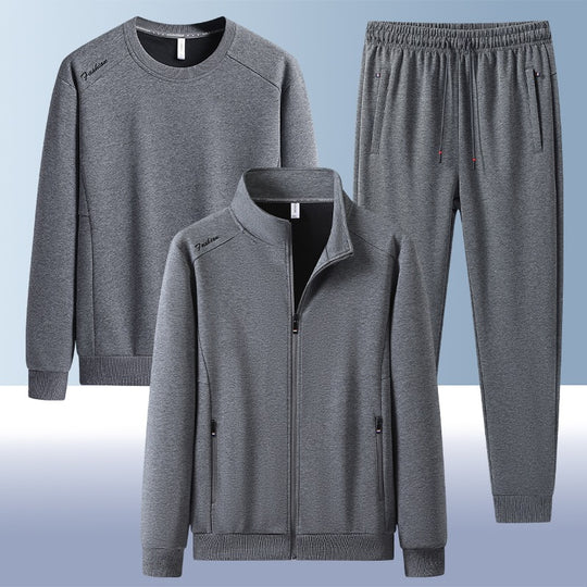 [Herren] Zweiteiliges Trainingsset mit Stehkragen-Zipjacke, Rundhals‑Sweatshirt und konisch geschnittener Jogginghose aus atmungsaktivem Fleece Nord Taschen