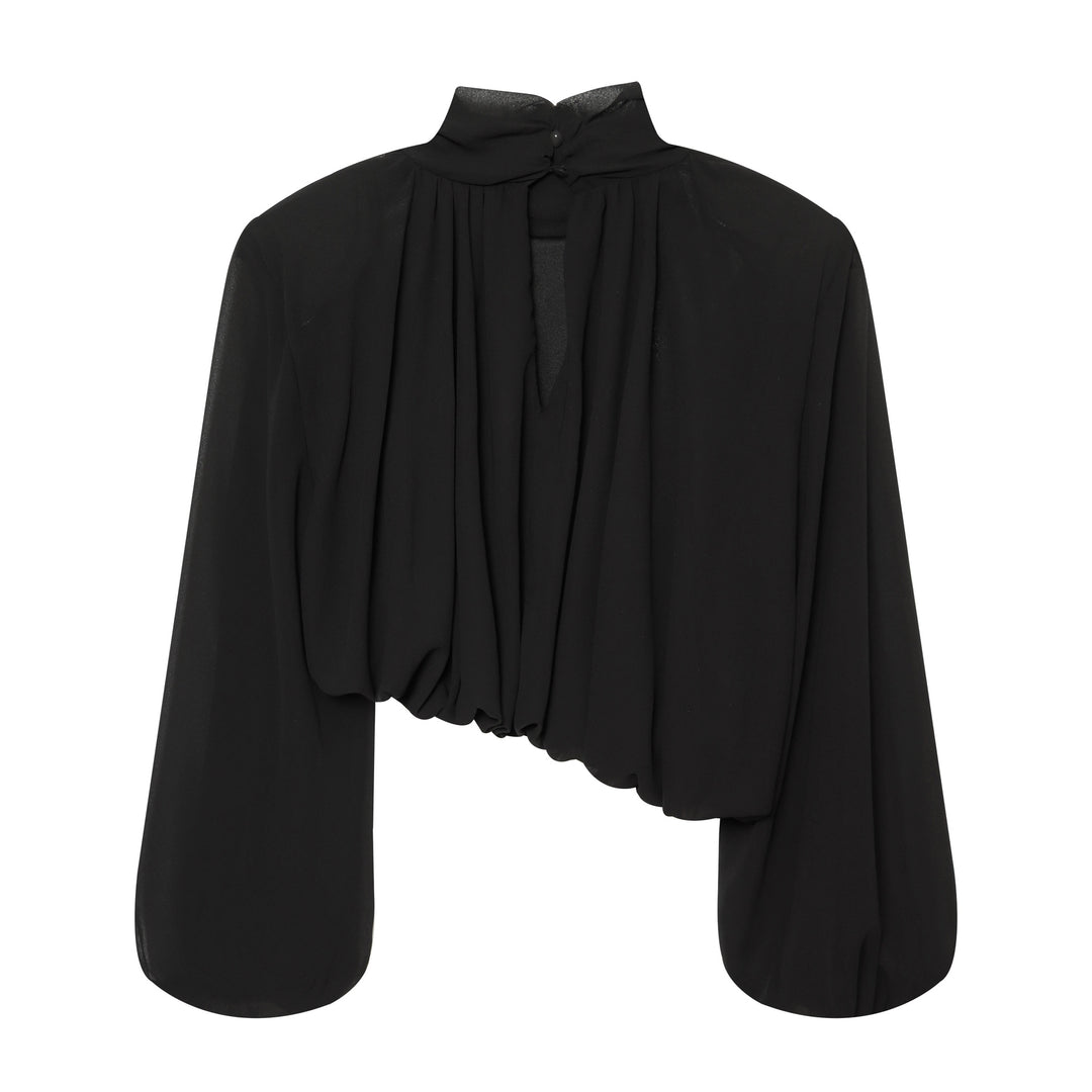 Damen Elegante Cropped Bluse mit hohem Stehkragen, Plissée-Falten und Ballonärmeln Nord Taschen