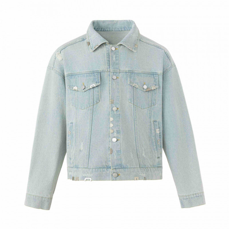 Unisex Boxige Jeansjacke im Worker‑Look mit Metallapplikationen und Pattentaschen Nord Taschen