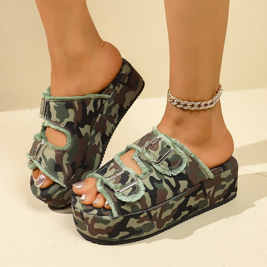 Damen bequeme Plattformsandalen aus Denim mit doppeltem Riemen