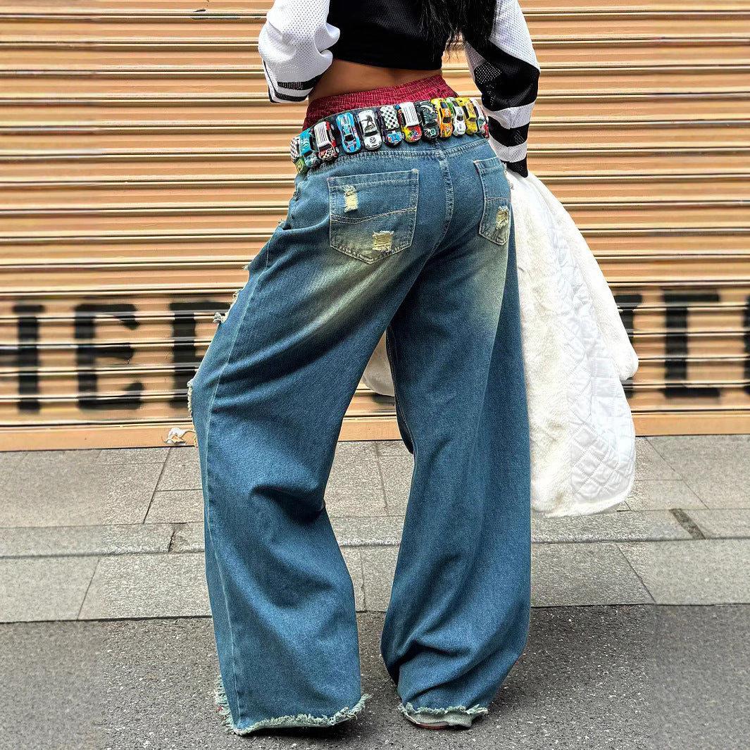 Damen weite Destroyed-Baggy-Jeans mit großflächigen Fransenrissen und relaxed Fit Nord Taschen