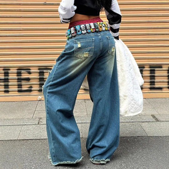 Damen weite Destroyed-Baggy-Jeans mit großflächigen Fransenrissen und relaxed Fit Nord Taschen