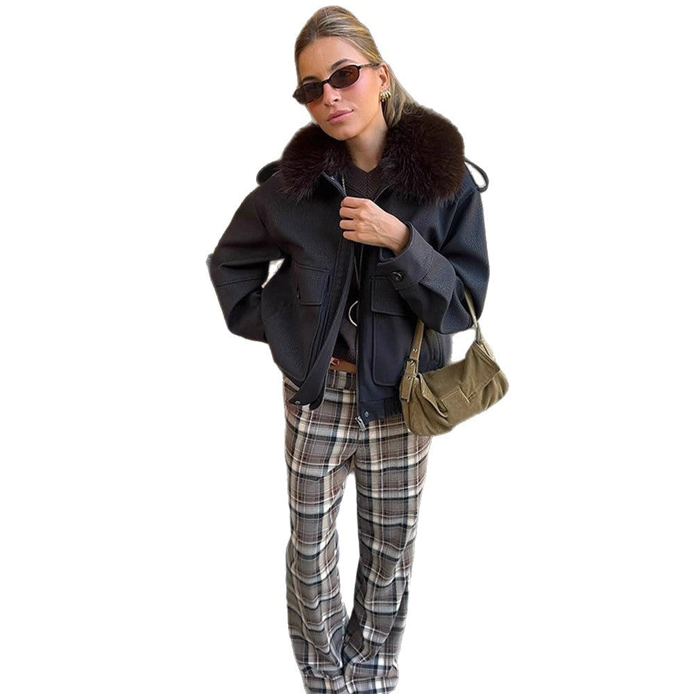Damen Boxy-Kurzmantel mit voluminösem Fellkragen und Reißverschluss Nord Taschen