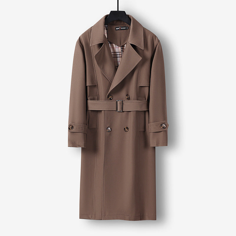 Herren Midilanger Doppelreihiger Trenchcoat mit Taillengürtel, abgefalcetem Revers und kariertem Innenfutter Nord Taschen