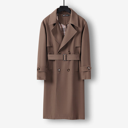 Herren Midilanger Doppelreihiger Trenchcoat mit Taillengürtel, abgefalcetem Revers und kariertem Innenfutter Nord Taschen