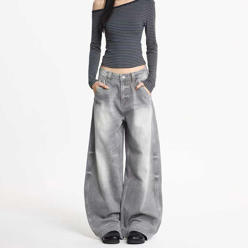 Damen Ultraweite Bodenlange Denim-Palazzohose mit tiefem Schritt und Vintage-Fade Nord Taschen