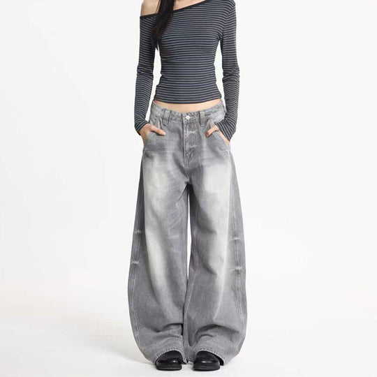 Damen Ultraweite Bodenlange Denim-Palazzohose mit tiefem Schritt und Vintage-Fade Nord Taschen