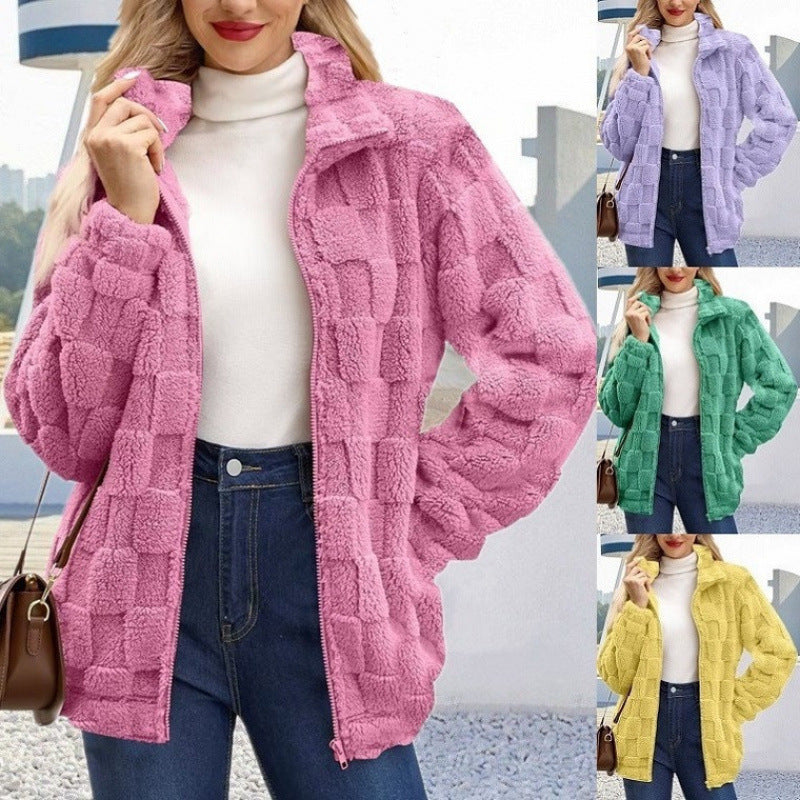 Damen Teddyjacke mit Karo-Struktur, Stehkragen und Reißverschluss Nord Taschen