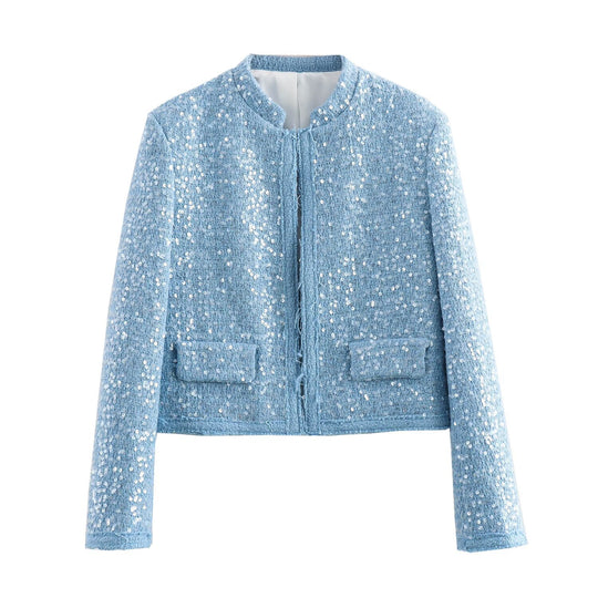 Damen Kurz geschnittene Bouclé‑Tweed Jacke mit Paillettenbesatz und Pattentaschen Nord Taschen