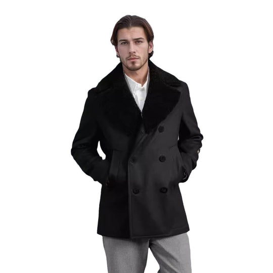 Herren Doppelreihiger Kurzmantel aus Wollmix mit großem Teddykragen Nord Taschen