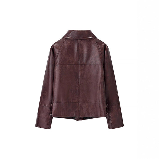 Damen Kurzer Boxy‑Lederimitat‑Blouson mit geometrischen Nahtdetails und Hemdkragen Nord Taschen