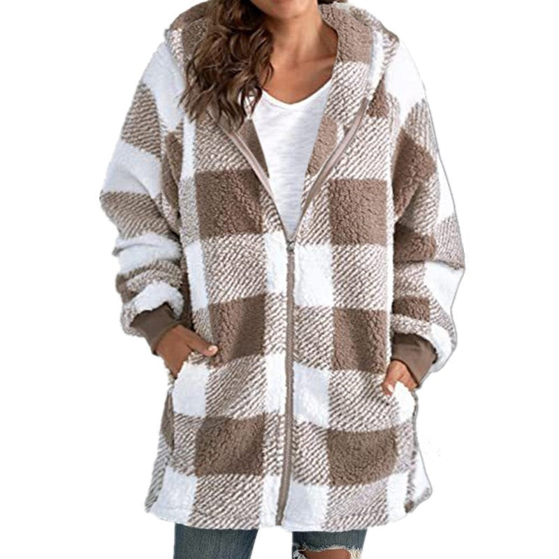 Damen Kariertes Teddy-Fleece-Mantel mit Kapuze und Reißverschluss Nord Taschen