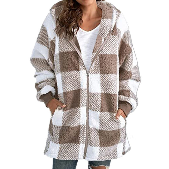 Damen Kariertes Teddy-Fleece-Mantel mit Kapuze und Reißverschluss Nord Taschen