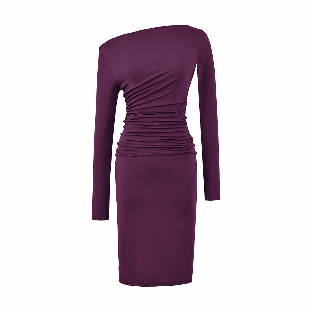 Damen Asymmetrisches Ein-Schulter-Midikleid mit Raffung und Langarm Nord Taschen