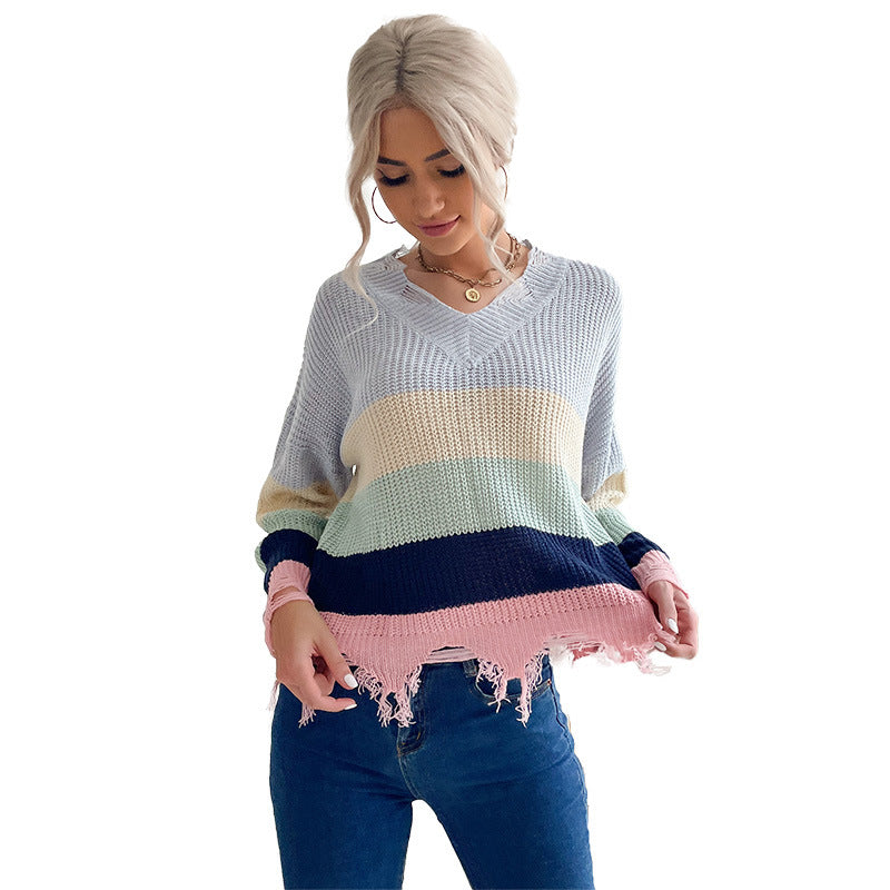 Damen Oversize V-Ausschnitt Strickpullover mit Streifendessin und ausgefranstem Saum Nord Taschen