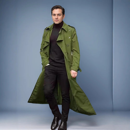 Herren Wasserabweisender Long-Trenchcoat mit doppelter Knopfleiste, Schulterklappen und verstellbarem Taillengürtel Nord Taschen