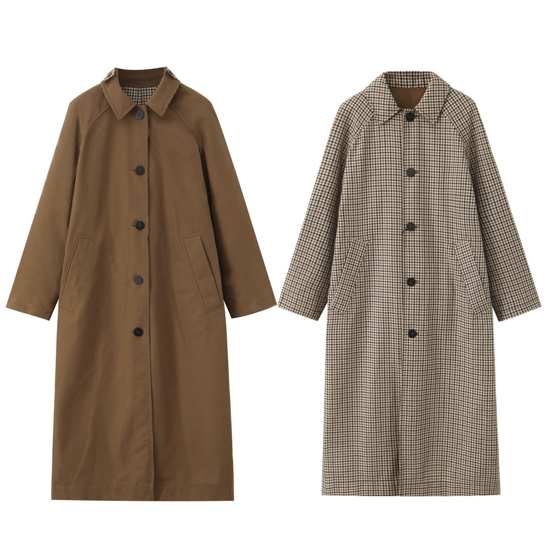 Damen langer minimalistischer Trenchcoat mit kariertem Innenfutter Nord Taschen