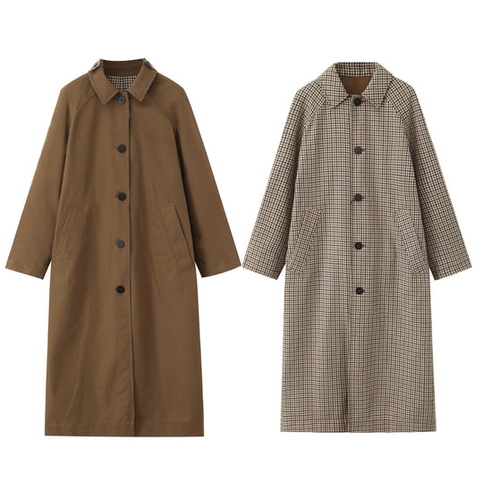 Damen langer minimalistischer Trenchcoat mit kariertem Innenfutter Nord Taschen