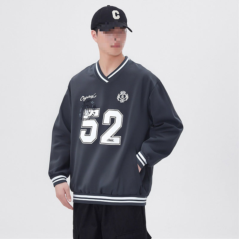Herren Oversize V‑Ausschnitt Sportsweatshirt im College‑Look mit gestreiften Bündchen Nord Taschen