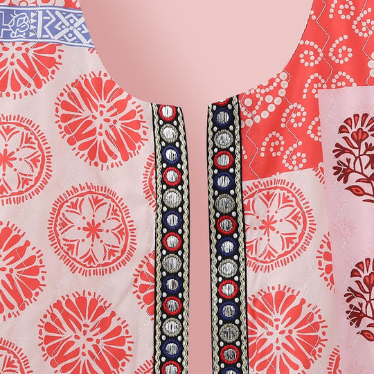 Damen Ärmellose Kurz-Weste mit Patchwork-Print, dekorativer Bordüre und Rundhalsausschnitt Nord Taschen