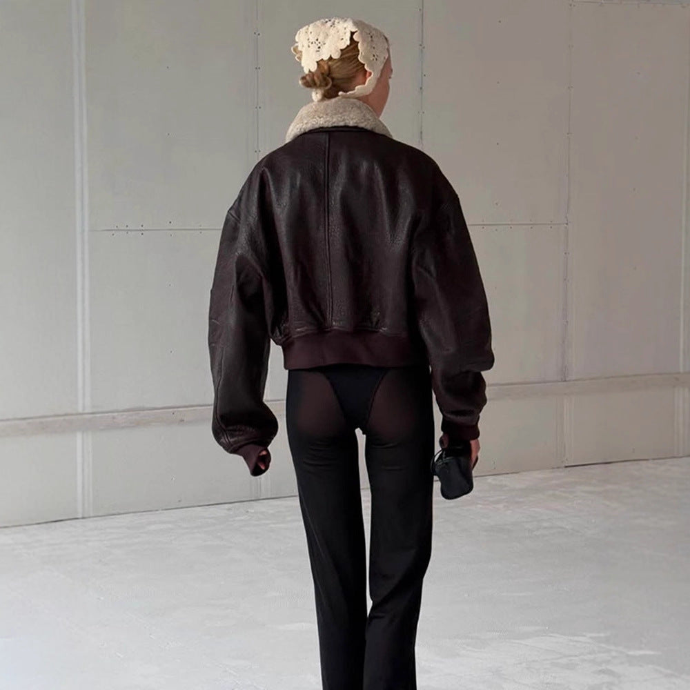 Damen Oversized Fliegerjacke im Biker-Bomber-Stil mit Teddykragen Nord Taschen