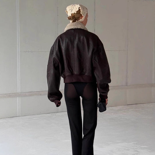 Damen Oversized Fliegerjacke im Biker-Bomber-Stil mit Teddykragen Nord Taschen