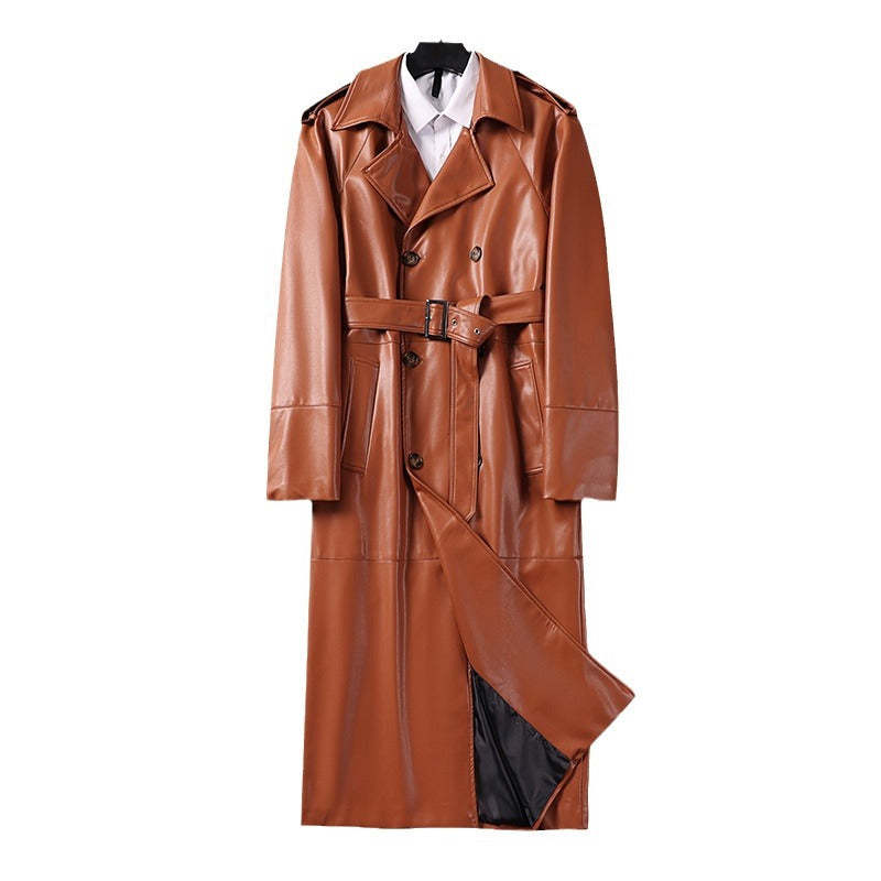 Herren Langer Kunstleder-Trenchcoat mit Doppelreiher, Taillengürtel und Schulterklappen Nord Taschen