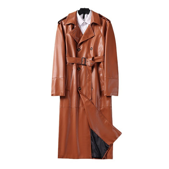 Herren Langer Kunstleder-Trenchcoat mit Doppelreiher, Taillengürtel und Schulterklappen Nord Taschen
