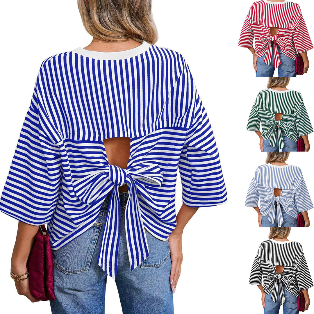 Damen Gestreiftes Oversize-Shirt mit Rückenausschnitt und Schleifenbindung Nord Taschen