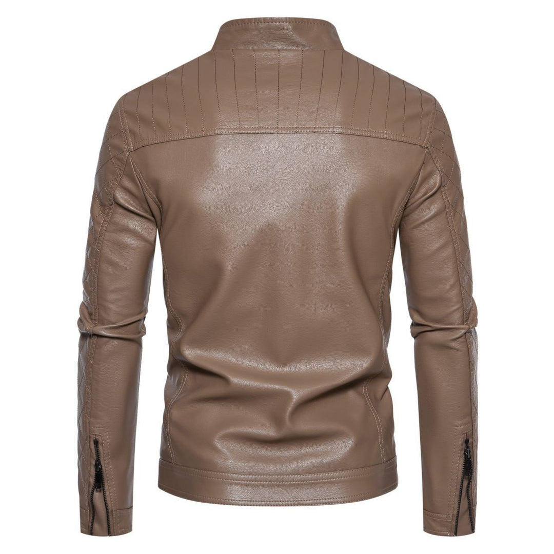 Herren taillierte Lederimitat-Bikerjacke mit Stehkragen und gesteppter Ärmeldetail Nord Taschen