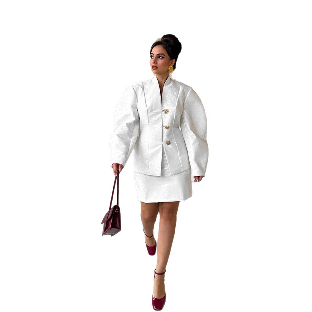 Damen Tailliertes Blazer‑Kostüm mit skulpturalen Ballonärmeln und Minirock Nord Taschen