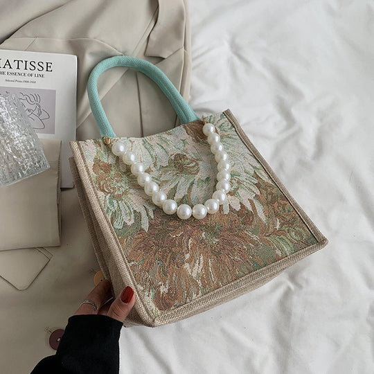 Damen Einkaufstasche mit floralem Jacquard-Muster und eleganter Perlenverzierung Nord Taschen